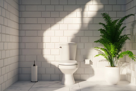 A clean and modern bathroom interior showcasing white subway tiles, a toilet, and a vibrant green potted fern plant.の素材