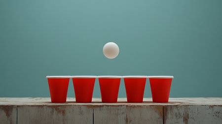Five red plastic cups are neatly aligned on a weathered, painted wooden surface with a white ping pong ball poised mid-air ready to go in a cup.の素材