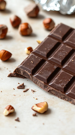 A delectable dark chocolate bar, partly broken, with whole and half hazelnuts scattered on a light, textured surface for a sweet snack.の素材
