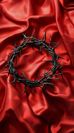 A striking image of a dark crown of thorns placed on flowing red silk. Symbolizes sacrifice, faith, and the passion of christ. Perfect for religious designs and editorials.の素材