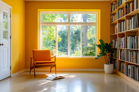 Interior shot of a cozy, bright yellow reading room featuring a floor-to-ceiling bookshelf, an inviting orange mid-century style chair, an open book on the floor, and a large window.の素材