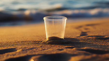 Low angle shot of a clear plastic cup stuck in the sand on a beach, partially filled. Golden hour lighting bathes the scene as blurred ocean waves roll in behind.の素材
