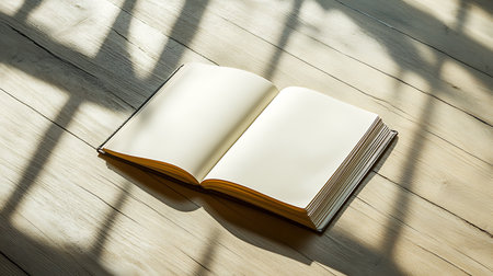 An open book with blank pages lies on a rustic wooden floor, bathed in warm sunlight and casting interesting shadows.の素材