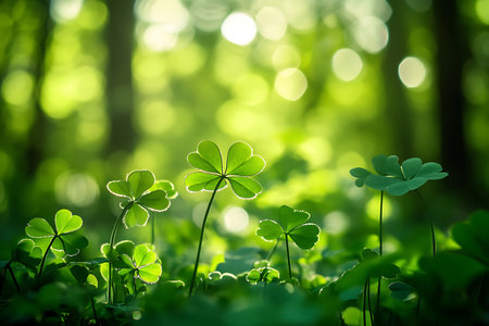 Delicate green clover plants are illuminated from behind in a lush forest, surrounded by magical bokeh lights and gentle sunshine.の素材