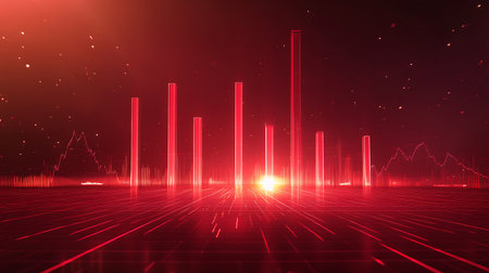 Abstract depiction of a digital landscape with red bar graphs signifying growth above data streams, creating a futuristic and dynamic scene. Ideal for tech and financial concepts.の素材
