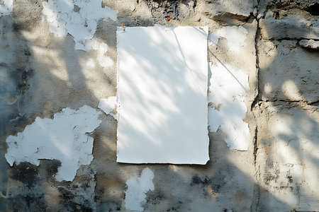 An untouched blank white paper sheet fastened to an old, crumbling wall with peeling paint, highlighted by intricate patterns of sunlit shadows.の素材