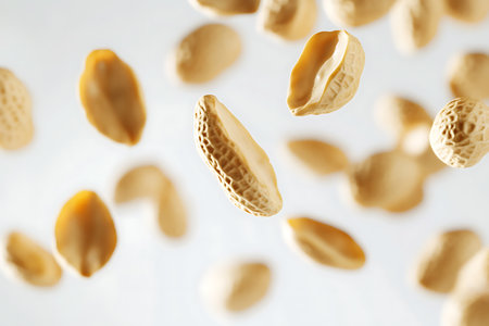 Image showcases a collection of fresh peanuts in motion, captured mid-air against a crisp white backdrop that emphasizes their natural tones and textures, creating a modern feel.の素材