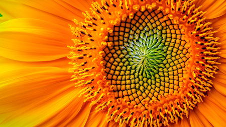Macro photo revealing the complex patterns and bold shades within a sunflower's core, from its spiraling seed arrangement to the textured surface of petals.の素材