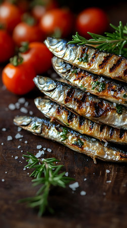 Delicious grilled sardines seasoned with rosemary and sea salt, perfectly cooked and ready to eat, presented on a dark wooden surface.の素材