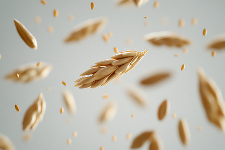 Levitating cereal grains create a dynamic visual of wholesome goodness and natural ingredients against a clean, light backdrop.の素材