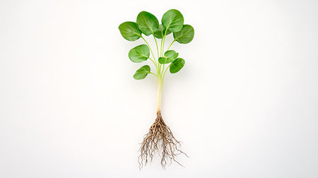 Studio shot of a vibrant, young plant with its roots displayed against a white backdrop. Shows leaves and roots. Perfect for illustrating botany, growth or organic gardening.の素材