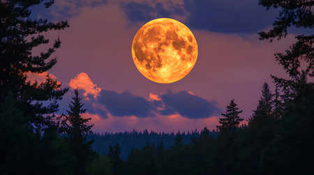 A vivid, wide shot showing a big orange moon rising in a colorful sky filled with clouds above a dark forest. Evergreen trees are silhouetted against the twilight.の素材