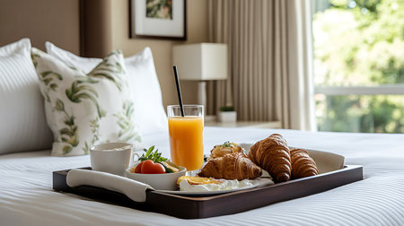 Close-up of a wooden breakfast tray featuring croissants, orange juice, fresh tomatoes, and other food items served on a white bed in a hotel room.の素材