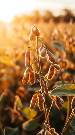 Close-up shows soybeans illuminated by the golden light during sunset. The ripe pods and surrounding field indicate harvesting season is near. The crop has golden hairs.の素材