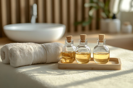 Close-up shot showcases three glass bottles of massage oil on a bamboo tray alongside a neatly rolled white towel, illuminated by soft, natural light in a wellness spa.の素材