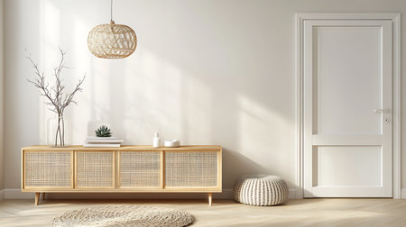 Bright and airy entry hall featuring a wooden rattan cabinet adorned with decorative items, a round woven rug, and a matching pouf near a white door, illuminated by soft light.の素材