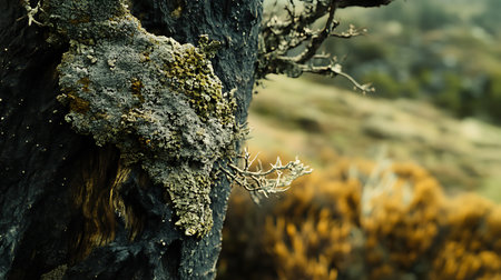 A detailed view of unique lichen and moss formations on an old tree trunk, showcasing the intricate patterns of natural growth.の素材