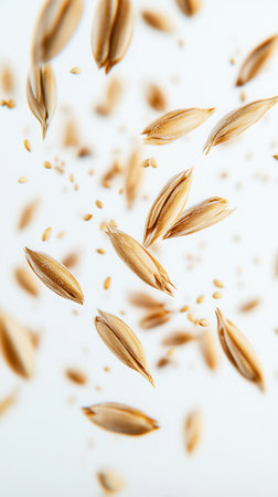 Close-up studio shot showcasing numerous oat grains and seeds suspended against a clean, white backdrop, emphasizing their natural texture and golden color. Perfect for nutrition concepts.の素材