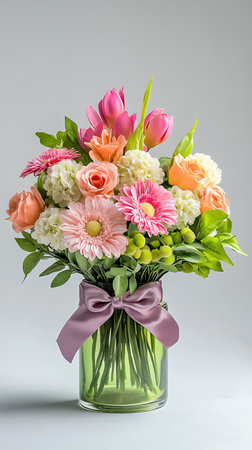Stunning bouquet featuring roses, tulips, gerbera daisies, and hydrangeas in soft pink and peach hues, displayed in a green vase tied with a mauve ribbon against a clean background.の素材