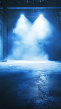 Vertical full shot showcases an empty, grunge warehouse interior with two bright spotlights cutting through artificial fog, creating a cool, atmospheric blue ambient glow.の素材