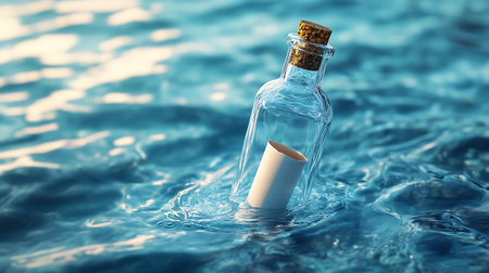 A classic message in a bottle drifts on calm, sparkling blue water, symbolizing hope, communication, and exploration.の素材