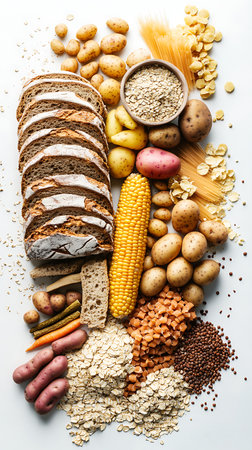 Elevated composition showcases an array of carbohydrate-rich foods, including sliced bread, various potatoes, corn, lentils, diverse pastas, and oats, arranged artistically on a white background.の素材