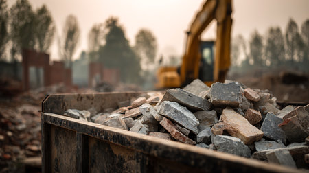 Close up of a black container filled with broken concrete, bricks, and rocks with a blurry excavator in the background at an active demolition and construction site.の素材