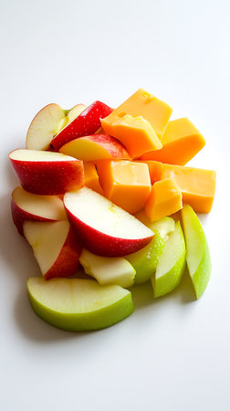An appealing mix of freshly cut red and green apple wedges combined with savory yellow cheese cubes, presented on a clean white surface.の素材