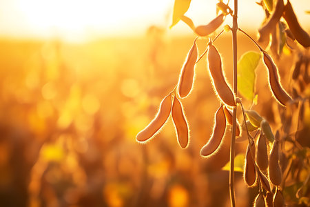 Golden hour illuminates ripe soybean pods hanging in a field, ready for harvest. The setting sun casts a warm glow, creating a tranquil, agricultural scene perfect for illustrating farming and nature.の素材