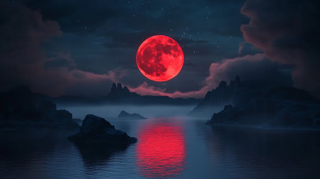 A captivating nocturnal scene featuring a large glowing red moon casting its vibrant reflection upon calm dark waters.の素材