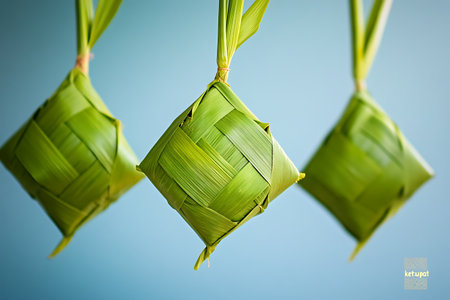 Traditional Indonesian and Malaysian woven palm leaf rice cakes, symbolizing festive celebrations like Eid al Fitr, hanging beautifully.の素材