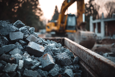 Close up view of demolition rubble including broken concrete and bricks within a rusty metal skip, with a blurred excavator in the distance.の素材