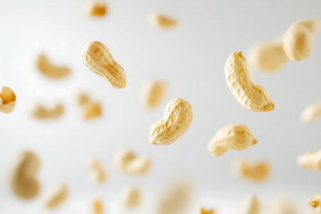 Raw whole peanuts in their natural shells hovering in mid-air, creating a dynamic and lighthearted food representation.の素材