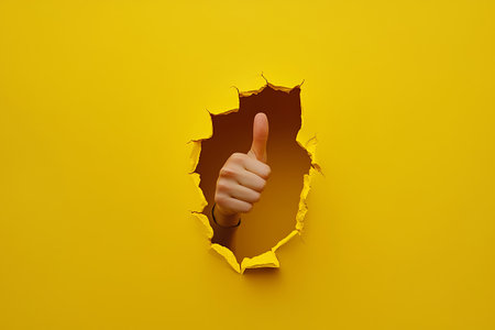Isolated close-up of a hand giving a thumbs up from a ragged hole torn in vibrant yellow paper. Symbolizes positivity, approval, and success with vibrant color.の素材