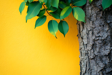 A vibrant contrast between the rugged bark of a tree and its fresh green leaves against a striking yellow painted wall.の素材
