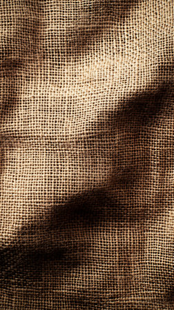 A detailed close up of rough, natural burlap fabric, highlighting its coarse texture and interplay of light and shadow.の素材