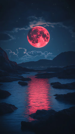 Surreal and mystical landscape featuring a bright red moon reflected in a body of water, framed by dark mountains and a star-speckled night sky with soft clouds.の素材