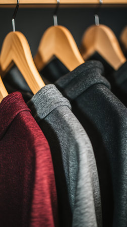 A close-up studio shot featuring a row of neatly arranged hoodies in dark red, gray, and black, suspended on wooden hangers within a closet, creating a sleek and organized look.の素材