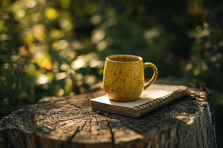 Rustic scene featuring a yellow, speckled ceramic mug resting on a spiral-bound notebook, set atop a weathered tree stump with a blurred green background. Captured in soft, natural light.の素材