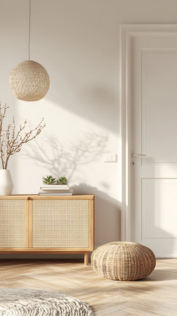 Interior showcases a rattan cabinet with decor, a round woven pouf, and a white spherical pendant light above. Light from the window creates shadows, adding depth. The parquet floor completes the room.の素材