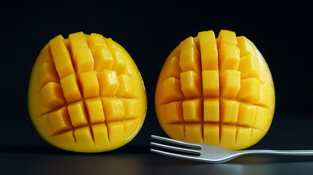 This close-up shot features two halves of a ripe mango, beautifully diced, complemented by a fork. The vibrant yellow mango contrasts against a dark background, making it appetizing.の素材