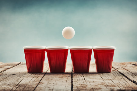 Four red plastic cups and a white ping pong ball ready for a game, symbolizing parties, fun, celebration, and recreational activities.の素材