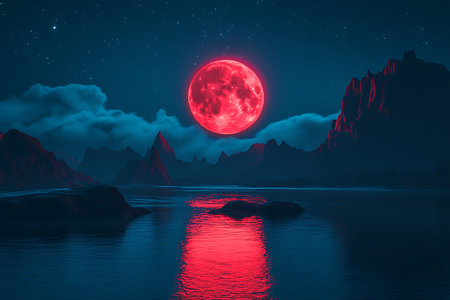 A mesmerizing landscape image featuring a striking red moon reflecting intensely on the water surface. Dark mountains rise in the background under a clear night sky with stars.の素材