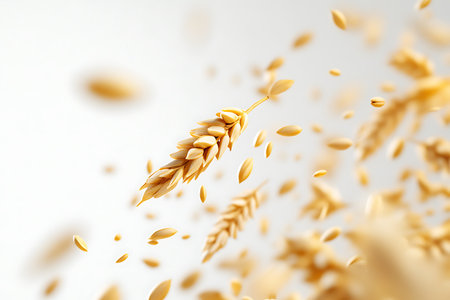 Golden wheat ears and individual grains gracefully falling against a bright, neutral backdrop. Evokes feelings of harvest, agriculture, and simple, natural abundance. 166 charactersの素材
