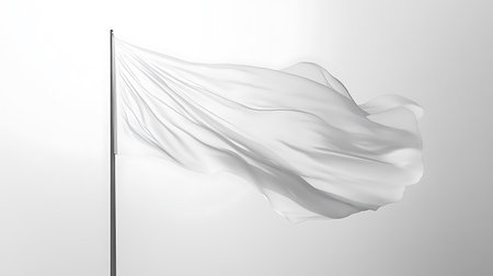 This minimalist image displays a blank white flag waving in the wind against a light grey background. Its neutral tone and simple form offers versatile application. The soft waves of the fabric create a sense of motion.の素材