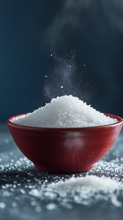 A dynamic shot of white coarse salt showering from a red bowl onto a textured dark surface, creating a delicate mist.の素材