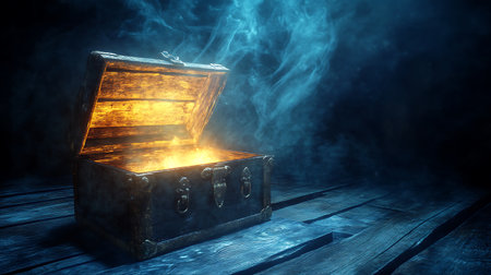 Captivating image showcasing an open, vintage treasure chest emanating a warm, glowing light against a dark, misty backdrop. The chest sits on aged wooden planks.の素材