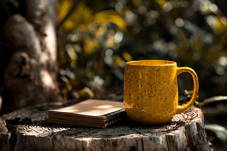 Outdoor image features a speckled yellow coffee mug next to a journal placed on a weathered tree stump. Soft sunlight adds warmth, enhancing the natural ambiance.の素材