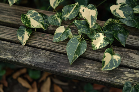A close-up captures variegated ivy with green and cream leaves gracefully climbing a rustic, weathered wooden park bench. The image evokes nature, texture, and peaceful garden vibes.の素材