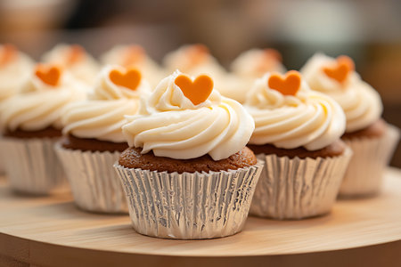 Close-up studio shot featuring a delicious row of freshly baked cupcakes adorned with creamy vanilla frosting and charming orange heart sprinkles. Displayed on a wooden surface.の素材